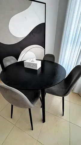 Black Round Dining Table ikea with 4  Grey Velvet Chairs pan emirates  - Compact Set