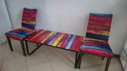 Tempered Galss table  with Two Matching Colorful Upholstered Chairs - Set
