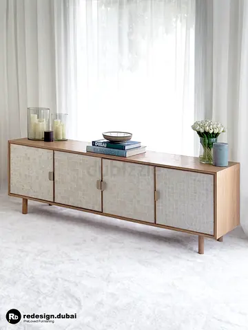 WEST ELM TILED LAPIZ SHELL OAK MEDIA CONSOLE table or sideboard or buffet or credenza or tv unit