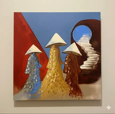Modern Figurative Canvas Painting with Triangular Motifs