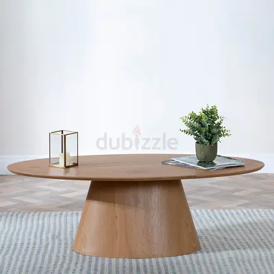 Modern Oval Wood Coffee Table with Pedestal Base