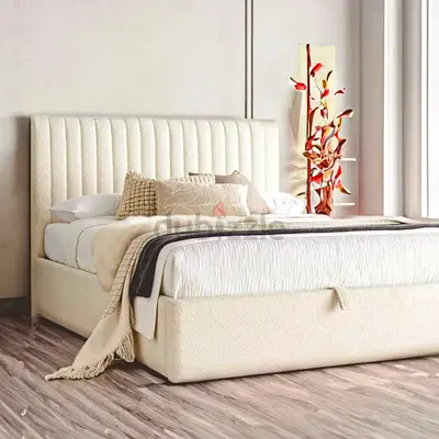 New Beige Upholstered King Size Bed with Padded Headboard - Modern Design
