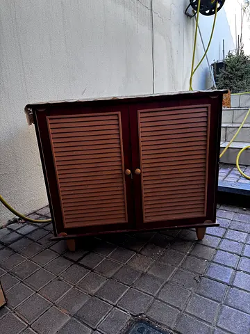 Wooden Two Door Storage Cabinet with Slatted Design