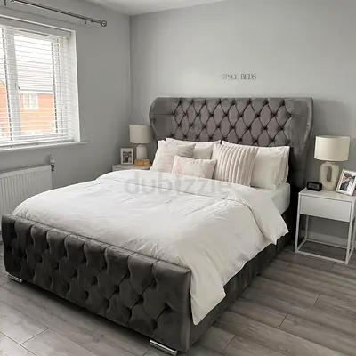 Modern Grey Upholstered Bed Frame with Headboard - Queen