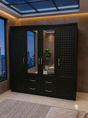 Brand New Dark Wood 4-Door Wardrobe with Mirror and Drawers For Sale