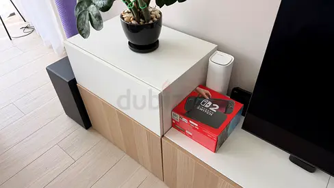 TV stand with drawer and doors, IKEA BESTÅ, white/oak, 300x38x41 cm