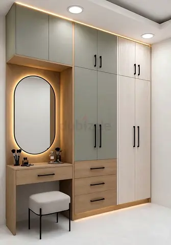 Built-in Wardrobe with Vanity and LED Lighting - Modern Finish