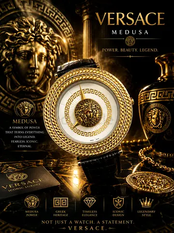 Versace Medusa Icon Gold Mens Watch - Black Leather Strap