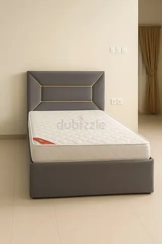 Single bed frame with mattress - grey upholstered, good condition