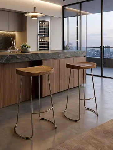 Pair of solid wood and metal bar stools - natural seat, modern frame