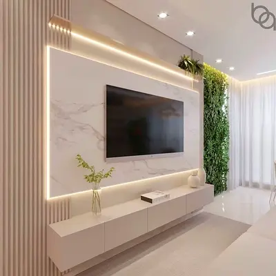 Modern Wall Mounted Entertainment Center with Marble Panel and LED Lighting