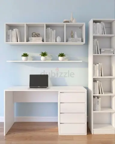 White Modern Desk with Drawer Unit and Matching Bookshelf Set