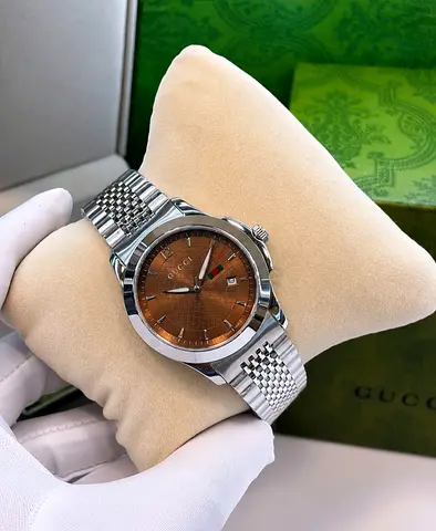 Gucci stainless steel mens watch with brown dial, date window