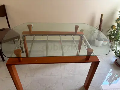 Glass Top Dining Table with Wooden Frame - Good Condition