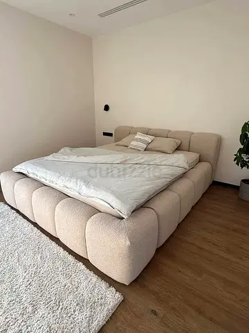 Beige Upholstered Low Platform Double Bed - Modern Chunky Design