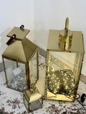 Set of 3 Gold Decorative Glass Lanterns - Floor and Table Accent Lights