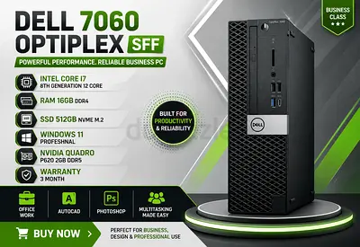 DELL OPTIPLEX 7060 SFF INTEL CORE I7 8TH GENERATION RAM 16GB DDR4 NVIDIA QUADRO P620 2GB DDR5