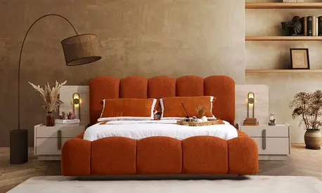 Modern Orange Upholstered King Bed with Padded Headboard