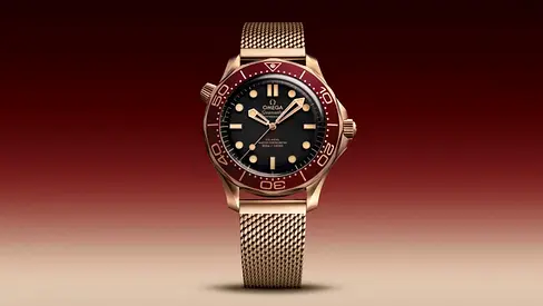 Omega Seamaster 300M Bronze Gold with Burgundy Bezel on Mesh Bracelet