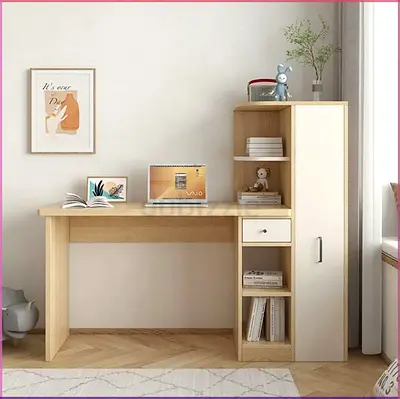 Light wood study desk with built-in shelving and cabinet - like new