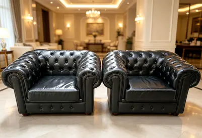 Black Leather Chesterfield Armchairs - Solid Comfortable