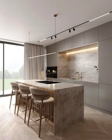 Modern Kitchen Island with Marble Finish and Integrated Stovetop