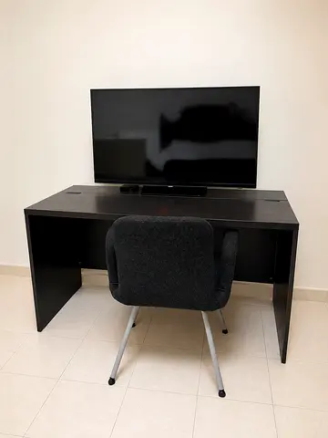 TV and Minimalist Black Study Desk with TV Stand and Chair - Good Condition