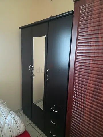 Three-door Wardrobe with Mirror - Dark Wood, Good Condition