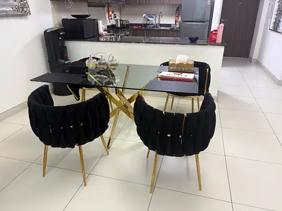 Glass Top Dining Table with 4 Black Velvet Chairs (Gold Legs)