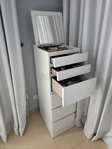 Tall white jewelry cabinet with mirror and multiple drawers