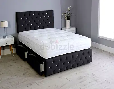 Premium Quality Double Size Bed Frame With 2x Drawers. Luxury Upholstered Fabric Bed Frame