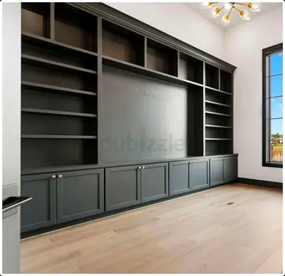 Modern Dark Gray Entertainment Center and Built-in Bookcase