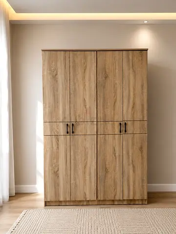 Modern 4-Door Wooden Wardrobe with Black Handles