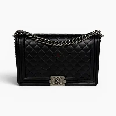 AUTHENTIC CHANEL BLACK LAMBSKIN LEATHER LARGE BOY BAG WITH RHW