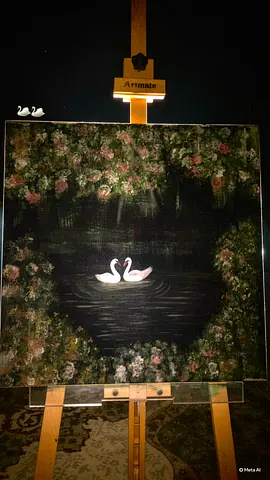 Oil Painting of Two Swans on a Floral Heart Lake (Framed on Easel) لوحة أكريليك يدوية تمثل بجعتين
