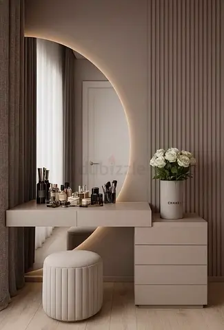 Modern Beige Dressing Table Vanity with Round Backlit Mirror and Stool