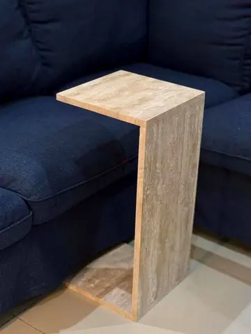 Custom C-Shaped Side Table with Marble or travertine Finish