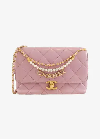 Authentic Chanel Pink Lambskin Shoulderbag With Gold Hardware