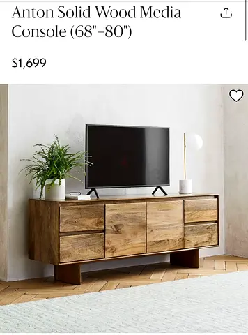 Westelm Solid Wood TV Cabinet / Entertainment Unit - 3 Drawers, Rustic Finish