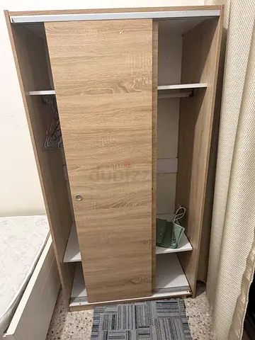 Slim Sliding Door Wardrobe - Light Oak Finish, Compact 3-Shelf Closet