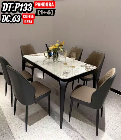 6-seater modern dining table set with marble-look top (1+6) - grey