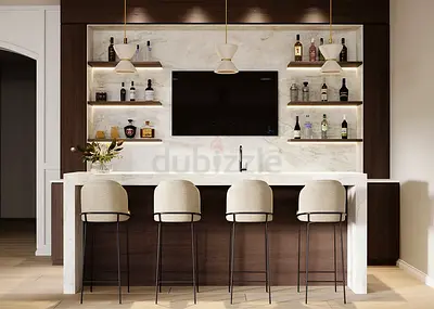 Modern Home Bar Table with Marble Finish and Integrated Shelving