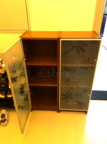 Wooden Storage Cabinet with Frosted Floral Glass Doors