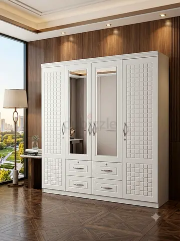 New White 4-Door Wardrobe with Mirrors and Drawers