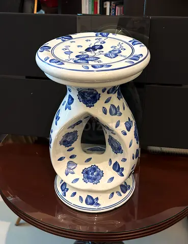 Blue and White Ceramic Side Table - Floral Design
