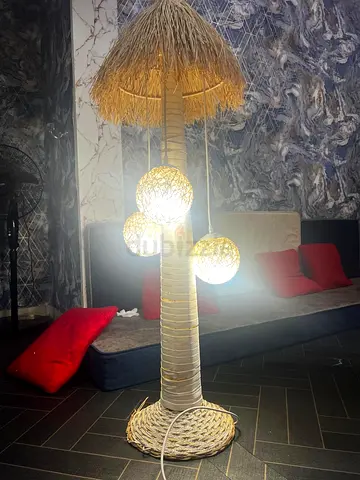 Rattan Palm Tree Floor Lamp with Three Spherical Pendants
