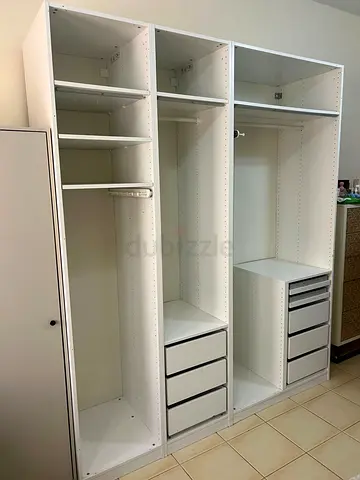 White Modular Wardrobe/Closet System - 3 Sections with Drawers and Shelves