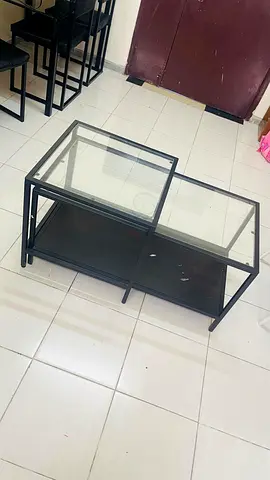 Glass Top Black Metal Coffee Table with Lower Shelf