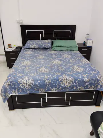 Queen size wooden bed frame with two bedside tables - dark finish