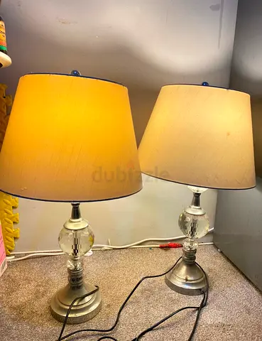 Pair of glass and metal bedside table lamps with shades